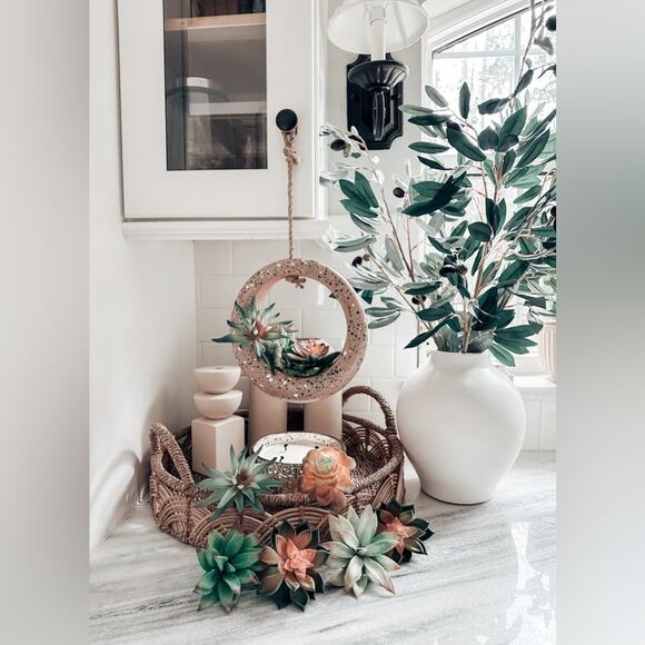 Jungalow lot succulents + terrazzo terracotta hanging circle planter boho home - Picture 3 of 8